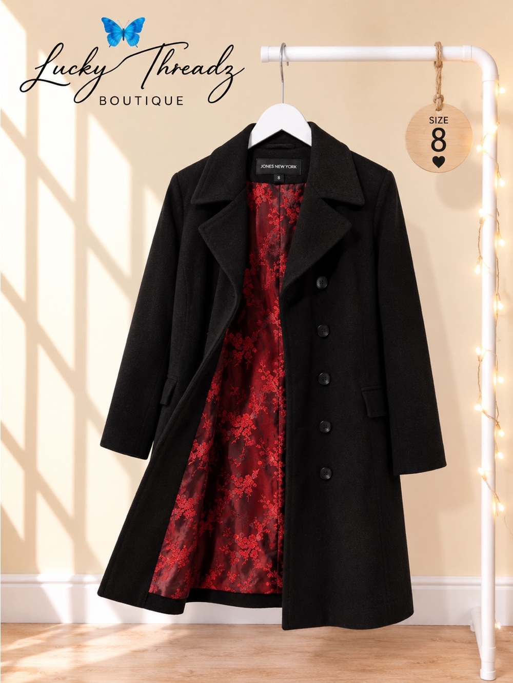 Jones New York Wool Cashmere Long Coat Black Red Lining Women’s 8